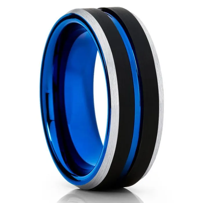 Clean Casting Jewelry Blue Tungsten Ring Blue Wedding Ring Black Wedding Ring Tungsten Ring Band Rings