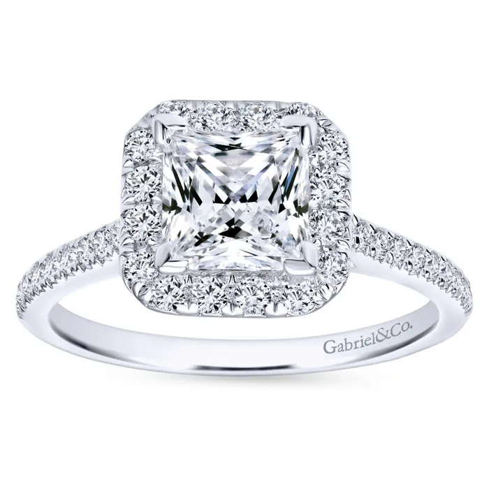 Rings International Diamond Center Gabriel Bridal Collection White Gold Diamond Princess Cut Halo Engagement Ring with French Diamond Accent Shank 037 ctw