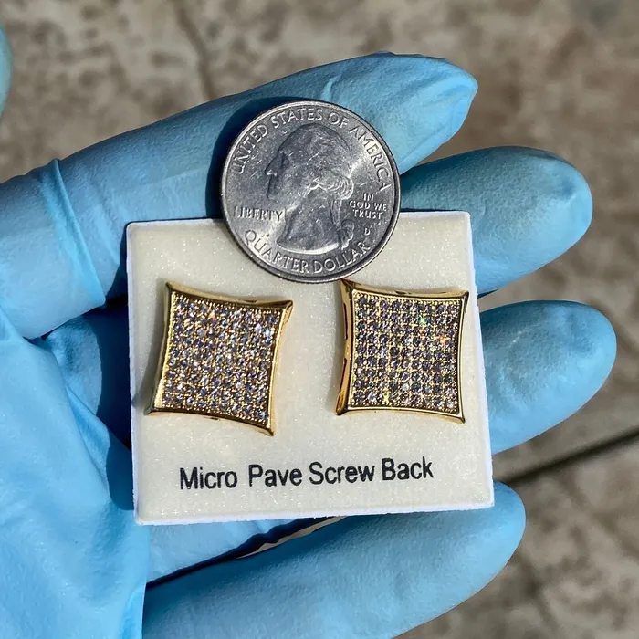 AMERICAN TIME Earrings Big 17MM Kite Earrings Micro Pave 9 Rows Gold Finish Screw Back AMERICAN TIME Earrings Big 17MM Kite Earrings Micro Pave 9 Rows Gold Finish Screw Back