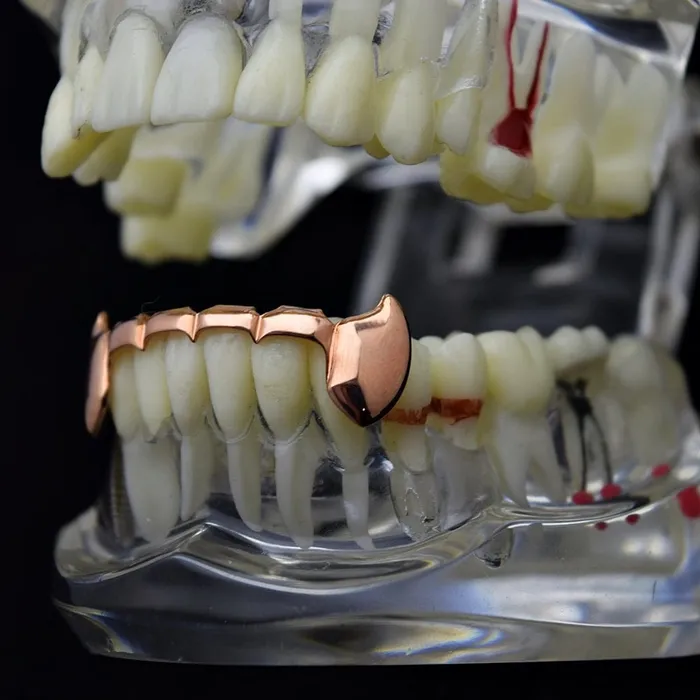 Bling Cartel Admin Earrings 14K Rose Gold Plated Slim Bar Bottom Vampire Fangs Grillz