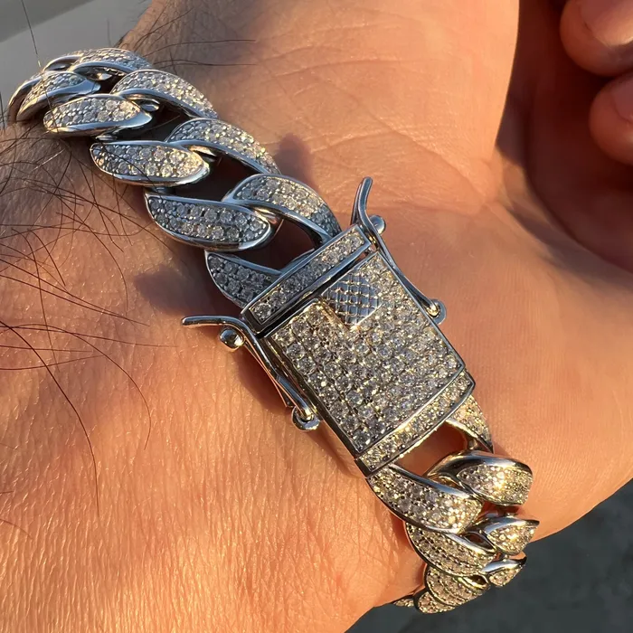 Bling Cartel Bracelets 925 Sterling Silver Miami Cuban Link Moissanite Bracelet 12MM 8 Inch