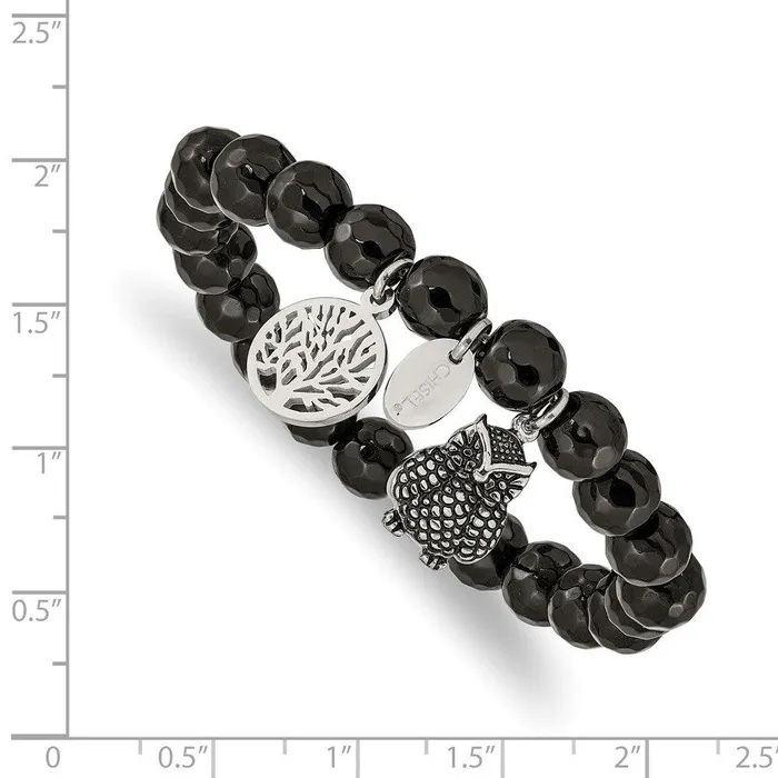 Chisel Bracelets Stainless Steel Antiqued Polished Owl Black Jade Stretch Bracelet Chisel Bracelets Stainless Steel Antiqued Polished Owl Black Jade Stretch Bracelet