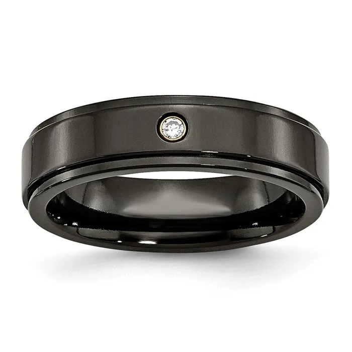 Chisel Rings Titanium Black Ti with Diamond 6mm Ridged Edge Polished Band TB290AA