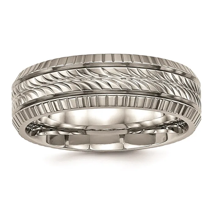 Chisel Rings Titanium Polished Grooved and Textured Ring TB461 Chisel Rings Titanium Polished Grooved and Textured Ring TB461
