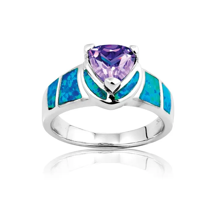 Classic Rings Sterling Silver Amethyst Triangle Blue Opal CZ Ring W9461