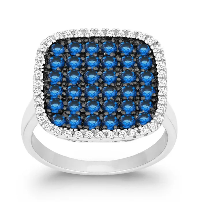 Classic Rings Sterling Silver Blue CZ Black Rhodium Square Ring W9875