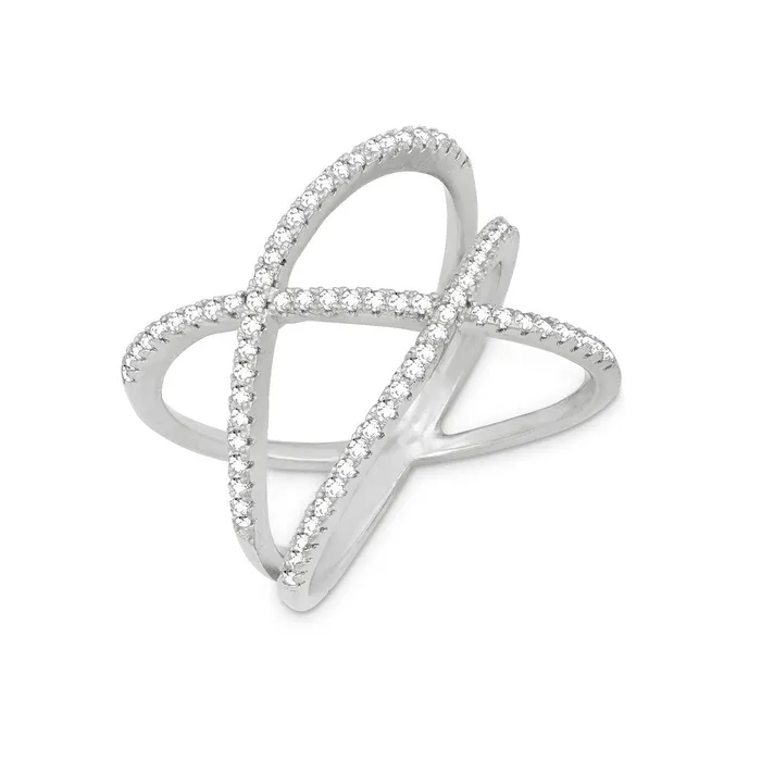 Classic Rings Sterling Silver Double Off Center CZ Cross Ring W1235
