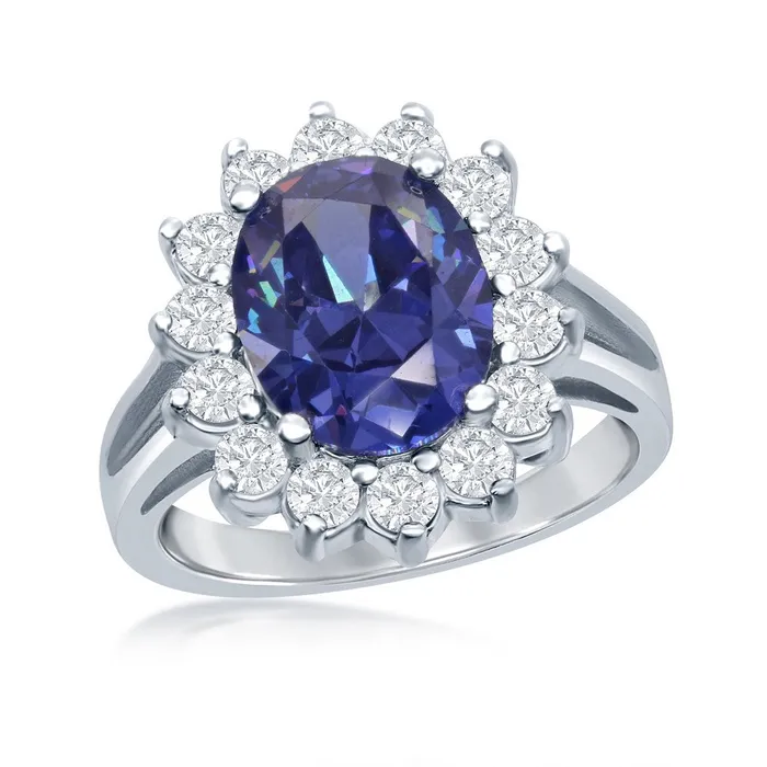 Classic Rings Sterling Silver Oval Tanzanite CZ with CZ Border Ring W1317