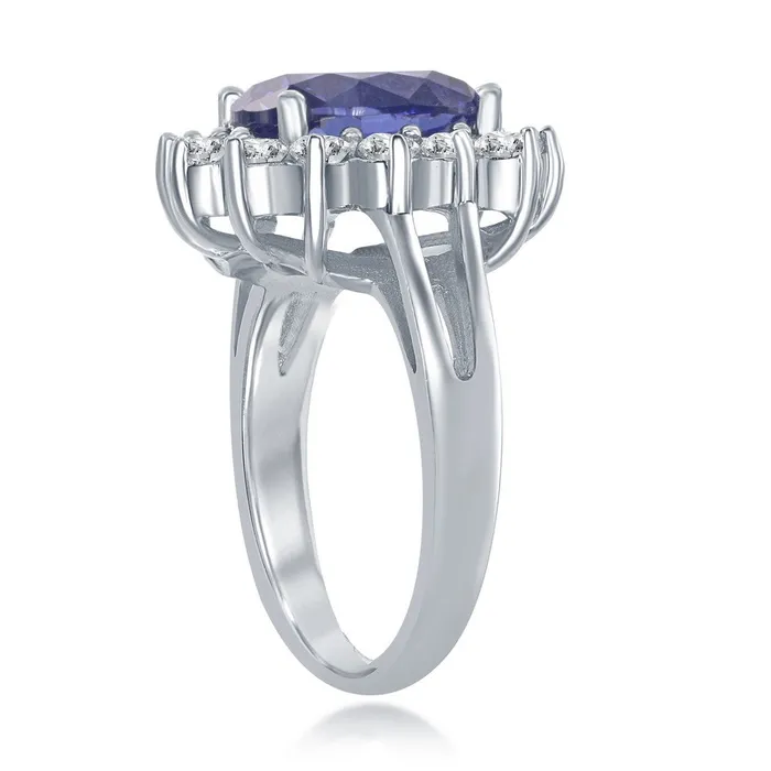 Classic Rings Sterling Silver Oval Tanzanite CZ with CZ Border Ring W1317