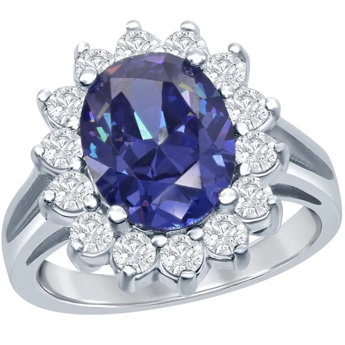 Classic Rings Sterling Silver Oval Tanzanite CZ with CZ Border Ring W1317