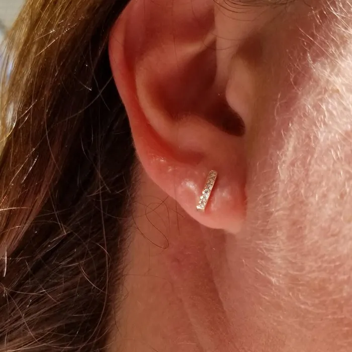 deBebians Earrings 14k Gold Small Bar Drop Pave Diamond Earrings
