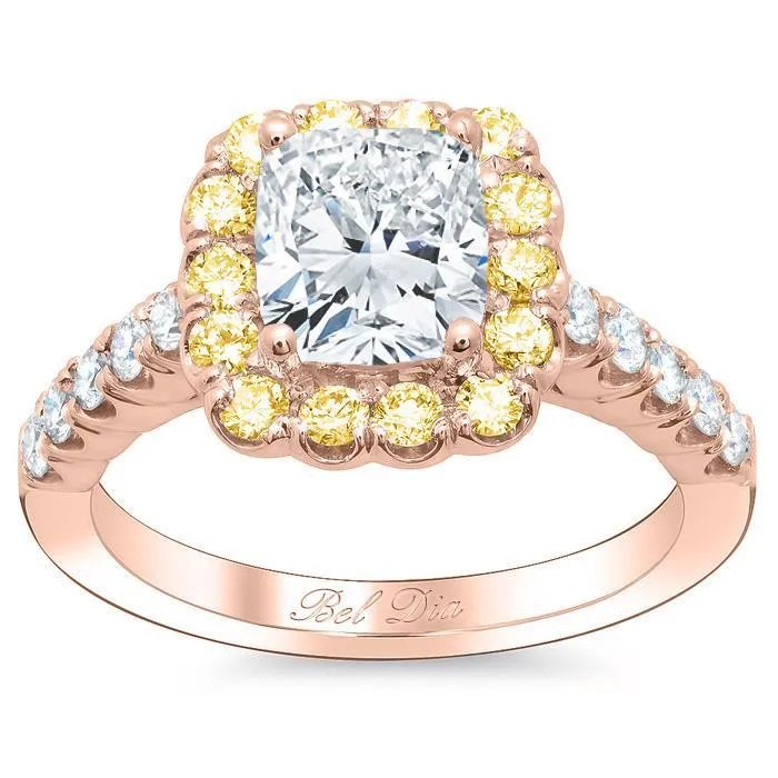 deBebians Rings Cushion Engagement Ring with Yellow Diamond Halo