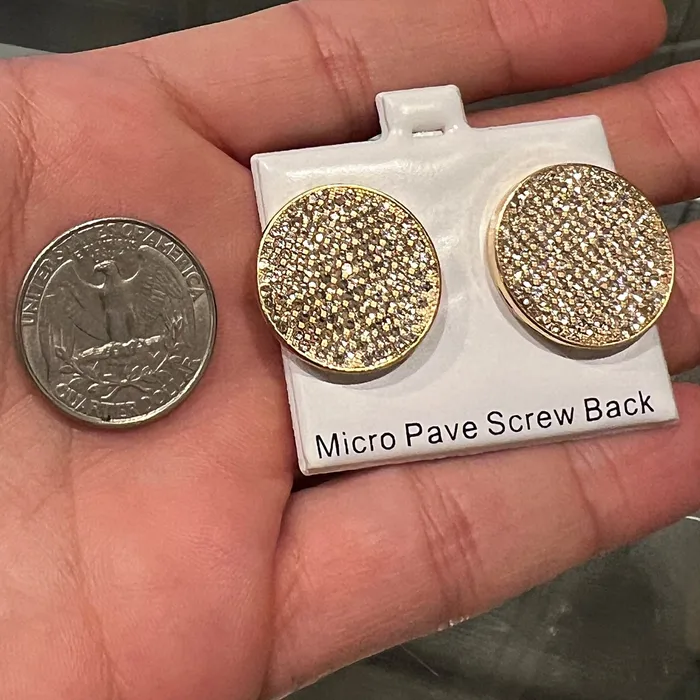 Earrings Bling Cartel 14K Gold Plated Big 22MM Round Earrings Iced Micro Pave Flooded Out Earrings Bling Cartel 14K Gold Plated Big 22MM Round Earrings Iced Micro Pave Flooded Out