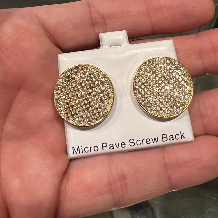 Earrings Bling Cartel 14K Gold Plated Big 22MM Round Earrings Iced Micro Pave Flooded Out Earrings Bling Cartel 14K Gold Plated Big 22MM Round Earrings Iced Micro Pave Flooded Out
