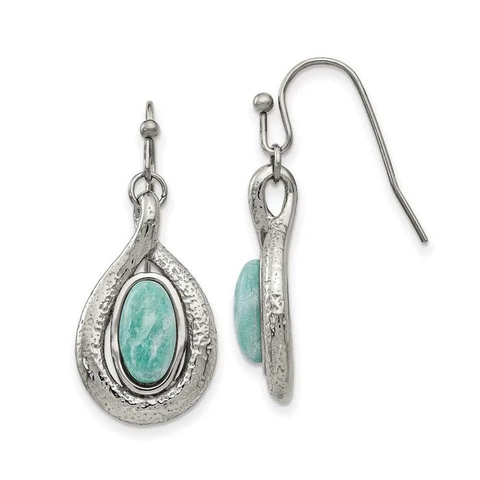 Earrings Chisel Stainless Steel Polished and Textured Dyed Synthetic Green Jade Earrings