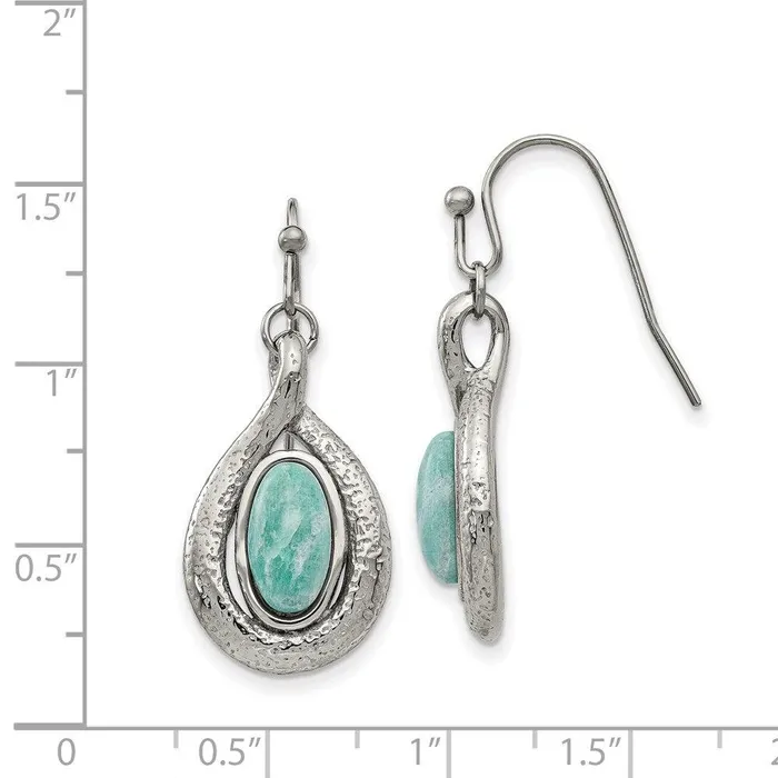Earrings Chisel Stainless Steel Polished and Textured Dyed Synthetic Green Jade Earrings