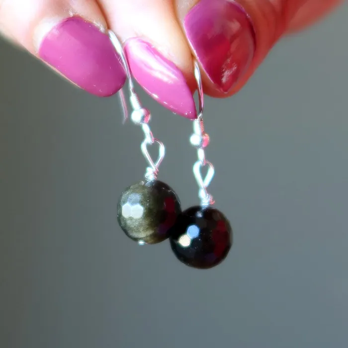 Gold Sheen Obsidian Earrings Protection Black Stering Silver Satin Crystals Earrings