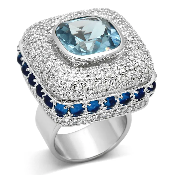 LOA861 Rhodium Brass Ring with Synthetic Spinel in London Blue Alamode Rings