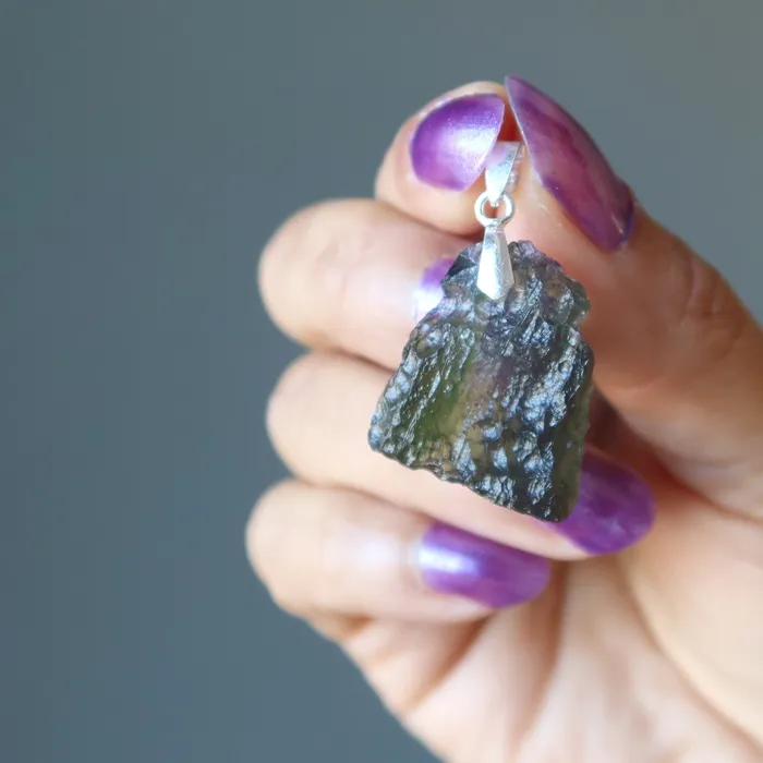 Moldavite Pendant Real Deal Czech Sterling Silver Satin Crystals Necklaces