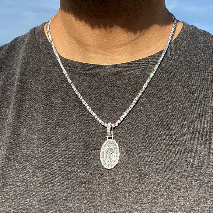 Necklaces La Virgen de Guadalupe Mary Iced CZ 925 Silver Tennis Chain 22 Bling Cartel Admin