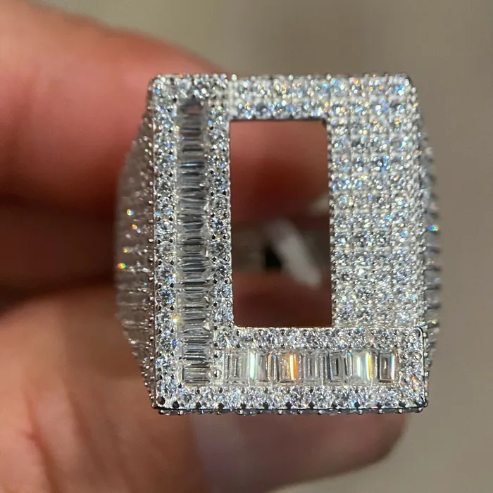 Rings AMERICAN TIME 925 Sterling Silver Initial Letter Iced Baguette Flooded Out Ring