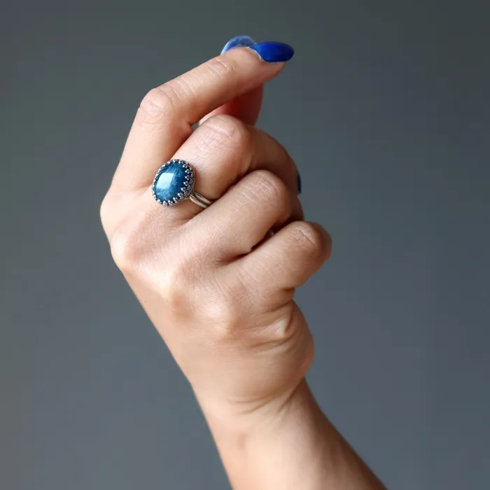 Rings Apatite Ring Blue Shine Sterling Silver Adjustable Satin Crystals