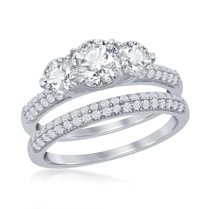 Rings Sterling Silver ThreeStone Engagement Ring Set W2413 Classic