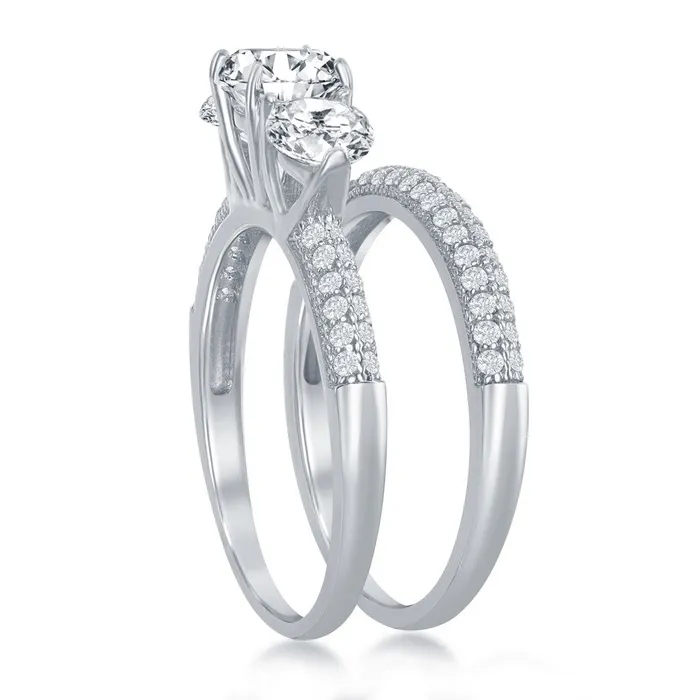 Rings Sterling Silver ThreeStone Engagement Ring Set W2413 Classic