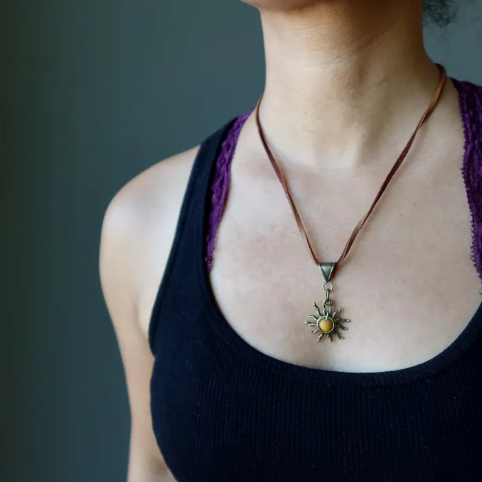 Satin Crystals Yellow Jasper Necklace Blazing Sun on Leather Cord Necklaces
