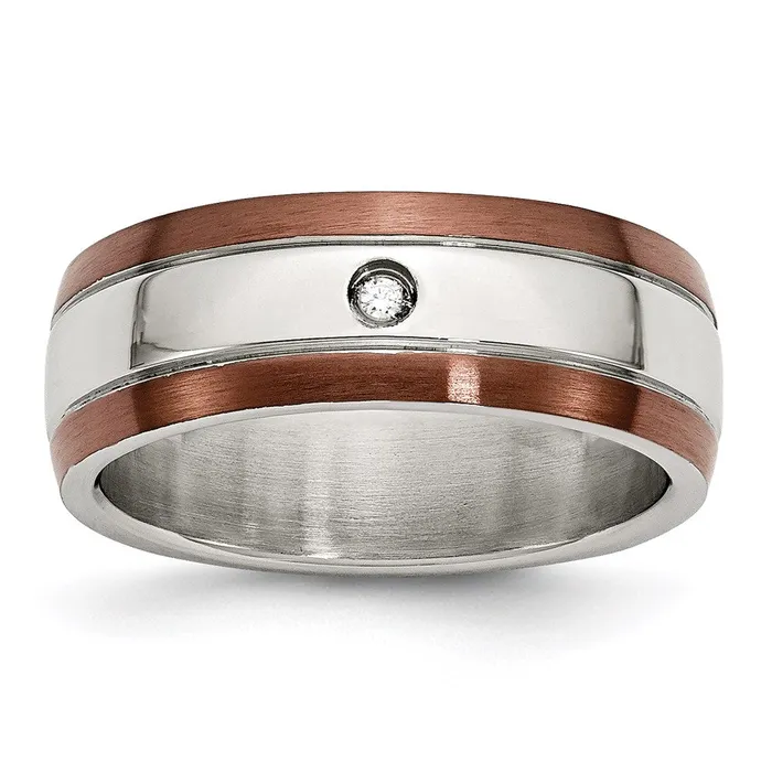 Stainless Steel Brown IPplated Brushed wDiamond 8mm Polished Band SR51 Chisel Rings