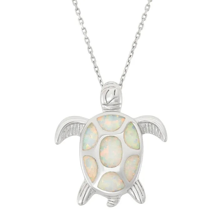 Sterling Silver and White Inlay Opal Turtle Pendant Classic Necklaces