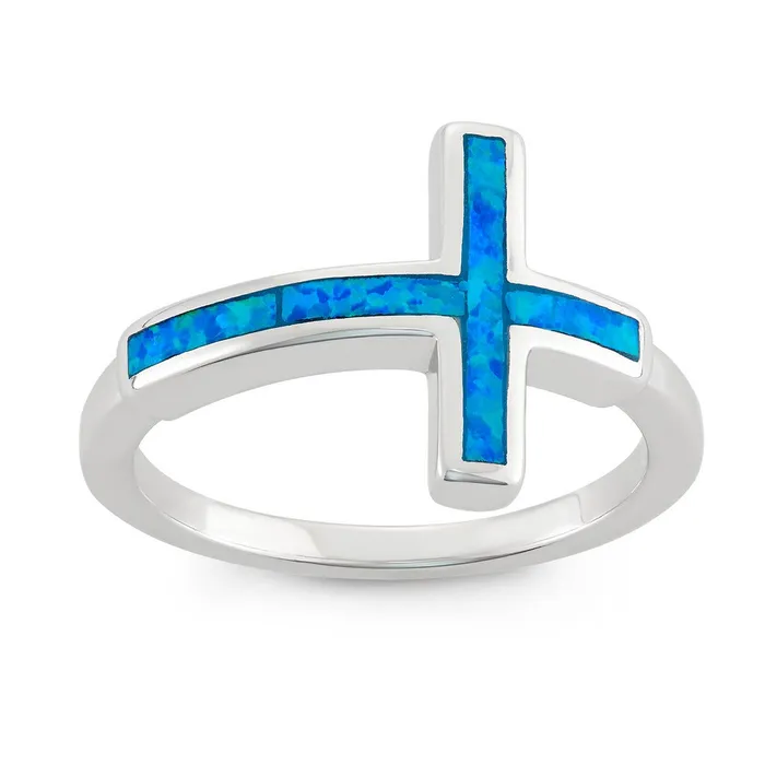 Sterling Silver Blue Inlay Opal Cross Ring W9918 Classic Rings