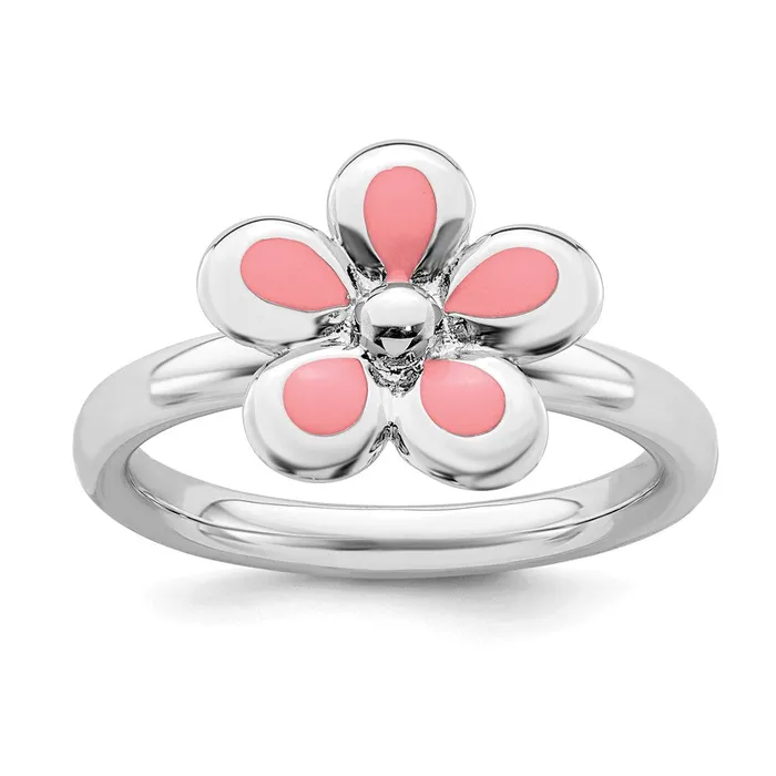 Sterling Silver Stackable Expressions Polished Pink Enameled Flower Ring QSK121 Stackable Expressions Rings