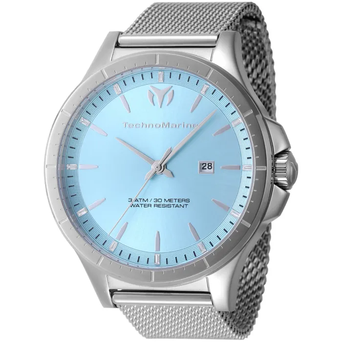 TechnoMarine Bracelets Technomarine Mens Watch MoonSun Quartz Light Blue Dial Mesh Bracelet TM822005