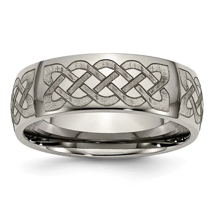 Titanium 8mm Laser Design Polished Band TB2F Chisel Rings Titanium 8mm Laser Design Polished Band TB2F Chisel Rings