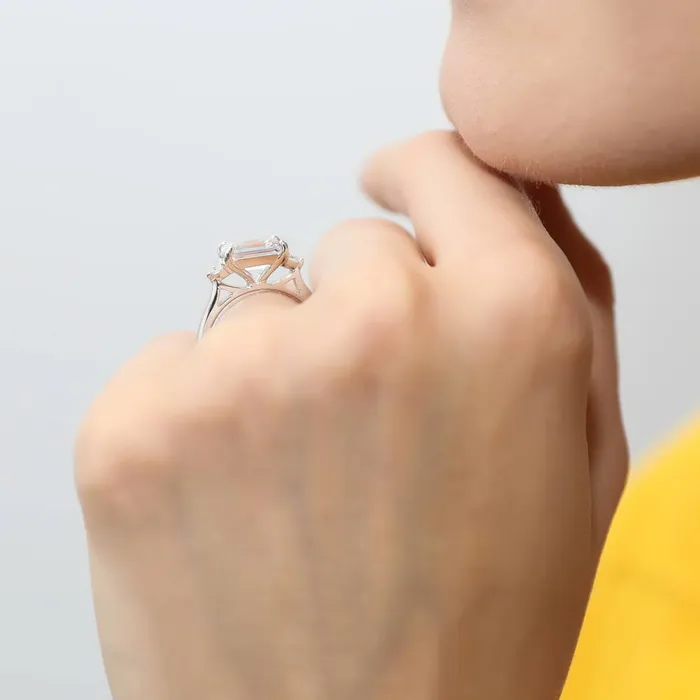 BERRICLE Rings 3Stone EastWest Emerald Cut CZ Ring Set in Sterling Silver