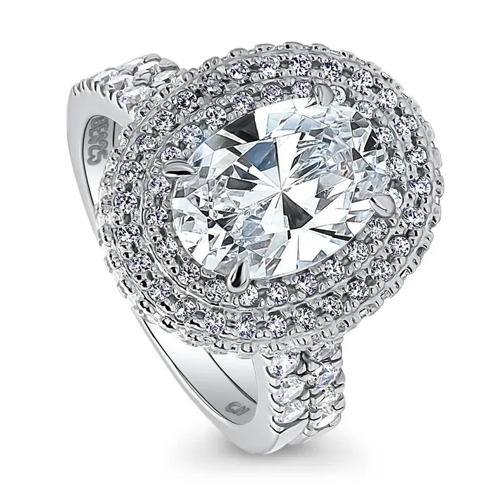 BERRICLE Rings Halo Oval CZ Ring Set in Sterling Silver