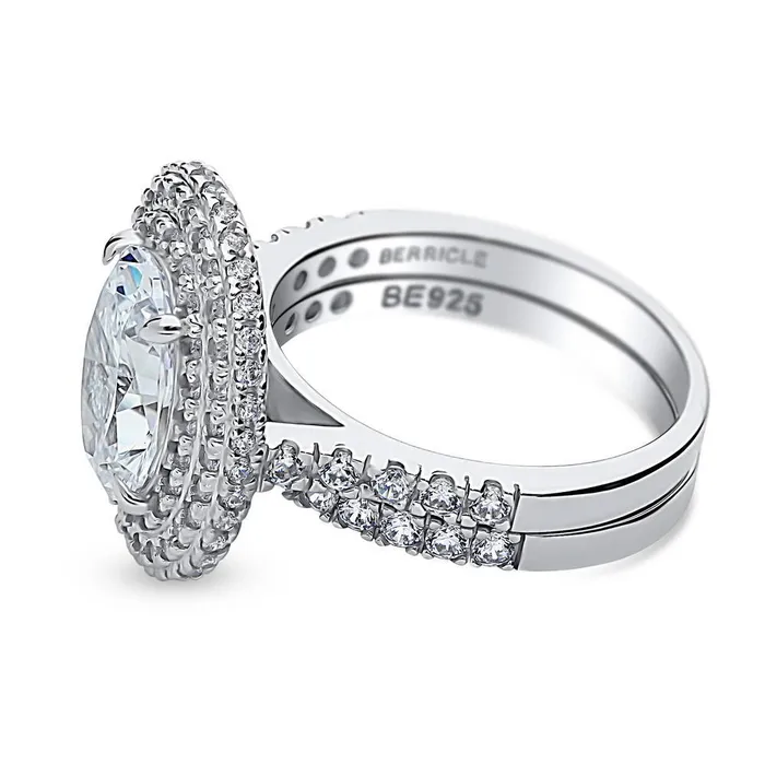BERRICLE Rings Halo Oval CZ Ring Set in Sterling Silver