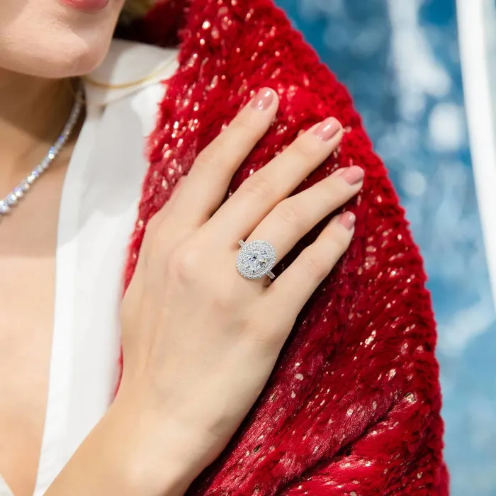 BERRICLE Rings Halo Oval CZ Ring Set in Sterling Silver