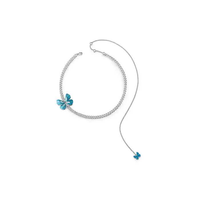 Guess Necklaces Guess Necklace Silver Color Chain With Blue Butterfly Design
