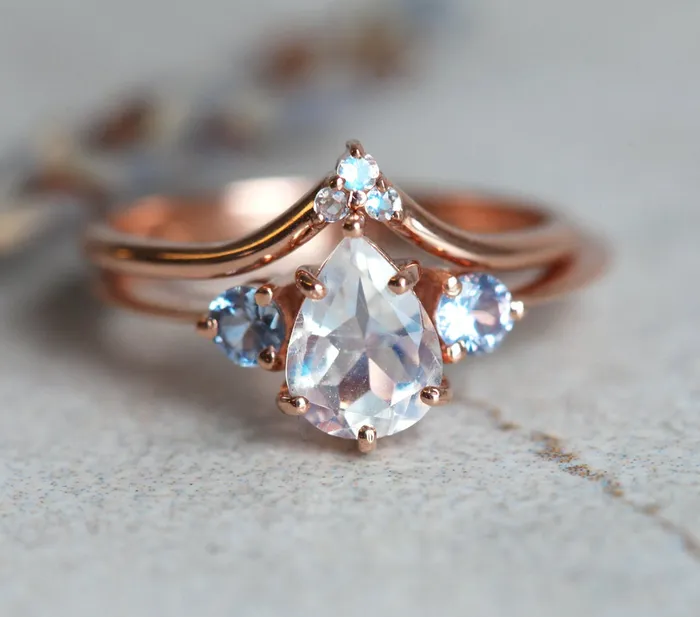 Moonstone Wedding Band V Gold Ring With Moonstones Capucinne Rings