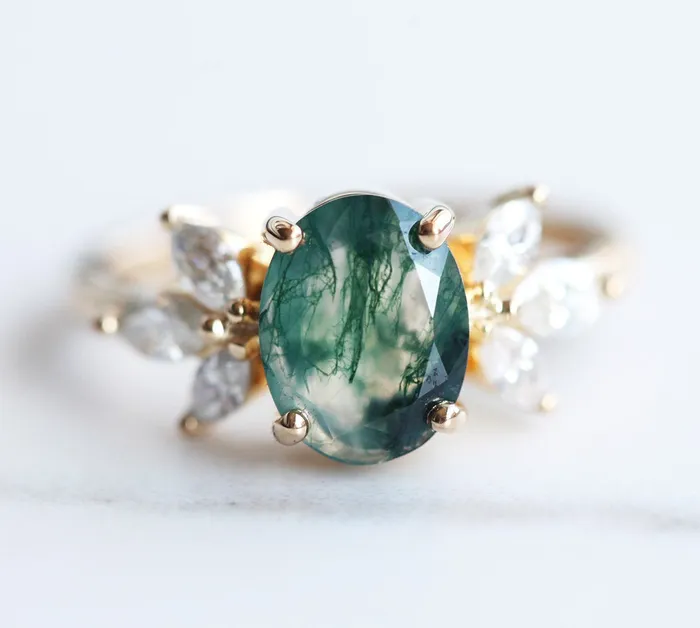 Olly Oval Moss Agate Ring with Diamond Accents Capucinne Rings