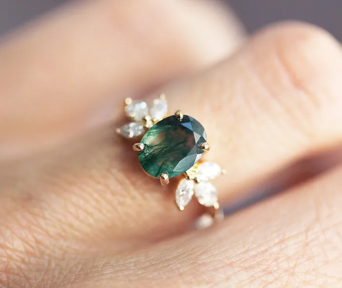 Olly Oval Moss Agate Ring with Diamond Accents Capucinne Rings