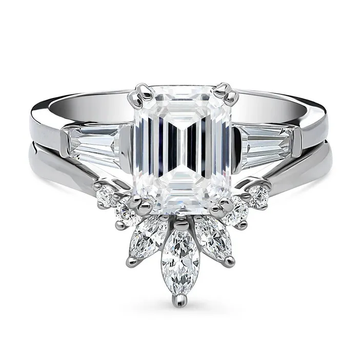 Rings BERRICLE 3Stone Flower 21ct Emerald Cut CZ Ring Set in Sterling Silver