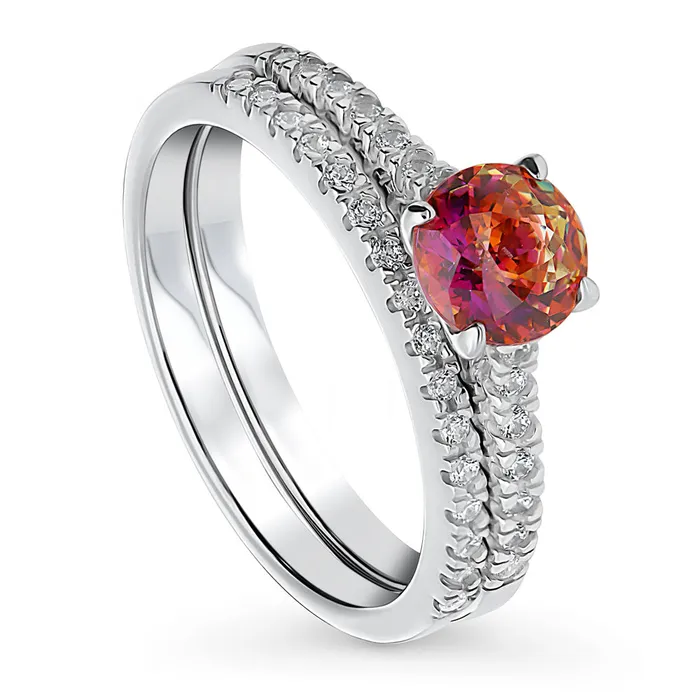 Solitaire Kaleidoscope Red Orange CZ Ring Set in Sterling Silver BERRICLE Rings